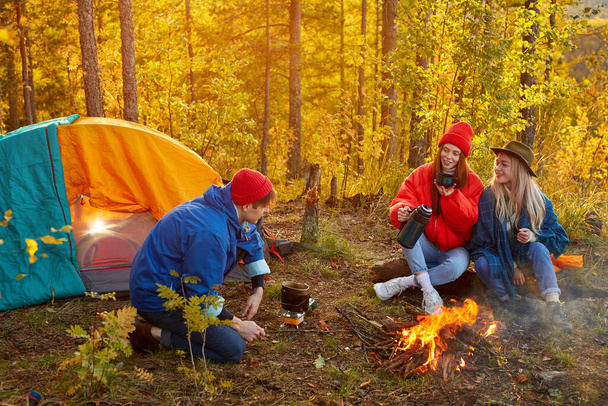 camping tent camp in nature happy caucasian friends in autumn at nature forest, hike - 写真・画像