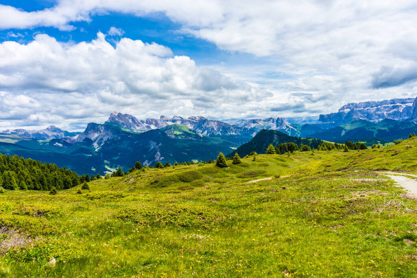 Italia, Alpe di Siusi, Seiser Alm con Sassolungo Langkofel Dolomite, un gran campo verde con una montaña en el fondo - Foto, Imagen