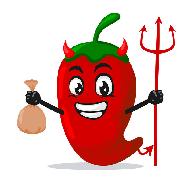 vector illustratie van chili mascotte of karakter Het dragen van duivel kostuum en het houden van drietand - Vector, afbeelding