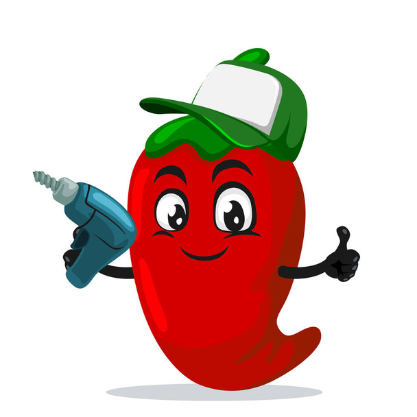ilustración vectorial de mascota de chile o personaje sosteniendo taladro de mano - Vector, imagen
