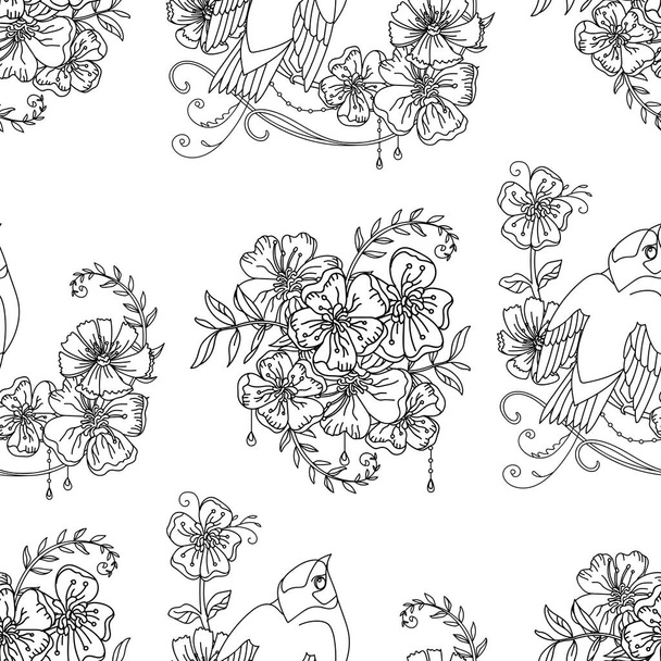 Seamless pattern cute bird and flowers illustration - Vector, afbeelding