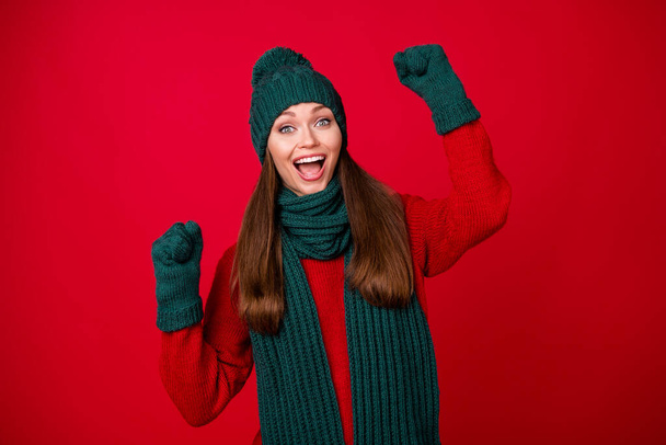 Portrait of her she nice attractive pretty glad ecstatic cheerful cheery girl rejoicing great luck accomplishment isolated over bright vivid shine vibrant red color background - Fotoğraf, Görsel