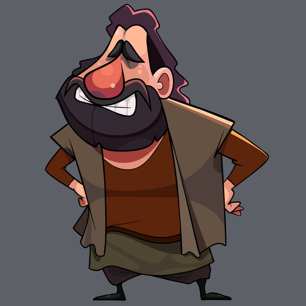funny cartoon smiling mustachioed bearded man stands akimbo - Vector, afbeelding