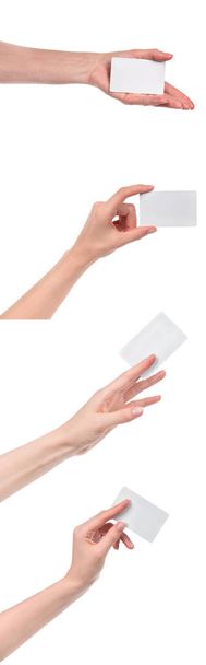 Collage manos caucásicas femeninas con tarjeta de visita en blanco aislado sobre fondo blanco. espacio en blanco para diseñadores - Foto, Imagen