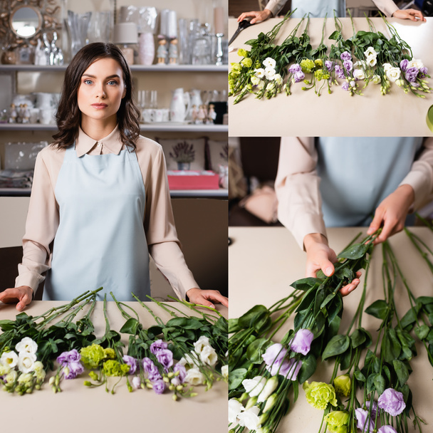 collage of florist looking at camera near rack on blurred background, and making bouquet with eustoma flowers - Foto, imagen