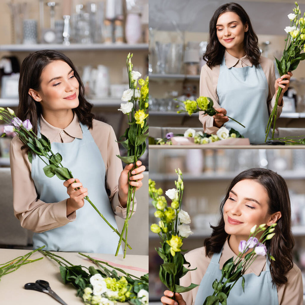collage of young happy florist holding eustoma flowers while making bouquet in flower shop - Foto, afbeelding