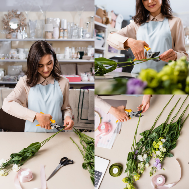 collage of smiling florist cutting steam while making bouquet with eustoma in flower shop - Photo, Image