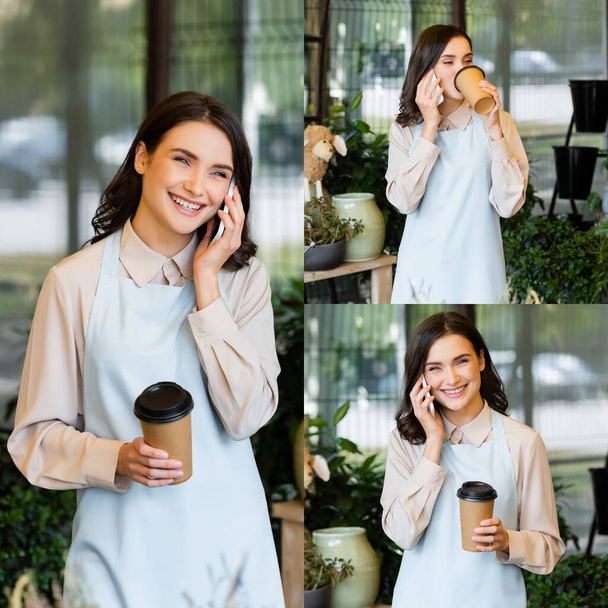 colagem de florista sorrindo segurando café para ir e falar no smartphone durante o freio - Foto, Imagem