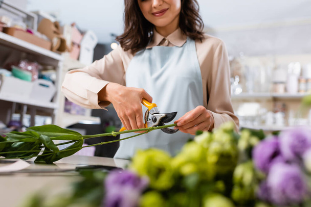 partial view of cheerful florist cutting steam near flowers of blurred foreground - Foto, afbeelding