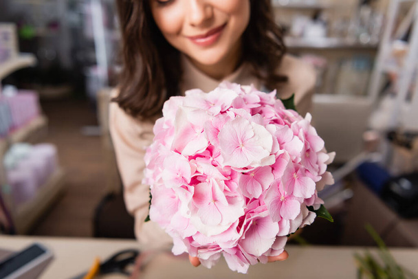 Vista da vicino di ortensia in fiore con fiorista femminile offuscata sullo sfondo - Foto, immagini