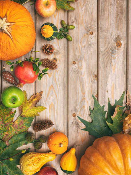カラフルなカボチャ、果物や秋の葉で感謝祭のフラットレイアウト素朴な木製の背景に、コピースペース - 写真・画像