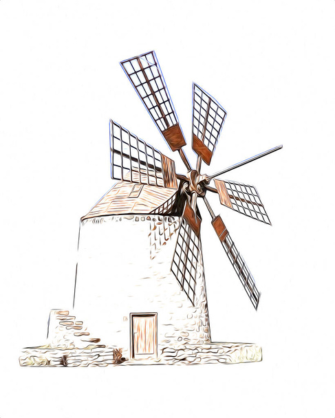 molino de viento viejo retro vintage dibujo ilustración arte - Foto, Imagen
