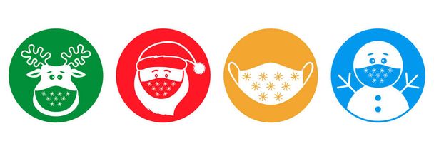 sada vánočních pandemických nálepek. Santa Claus, jelen, sněhulák v lékařských ochranných maskách. ikony v plochém lineárním stylu. vektorové ilustrace izolované na bílém pozadí - Vektor, obrázek