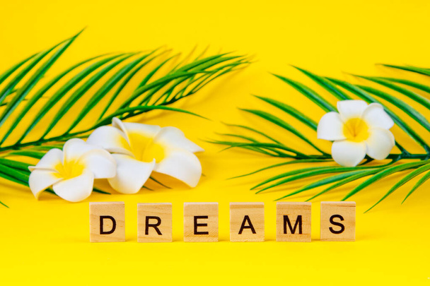 Plumeria flowers with palm leaves and with the text "dreams" on a yellow background. Summer and vacation dream concept - Фото, зображення