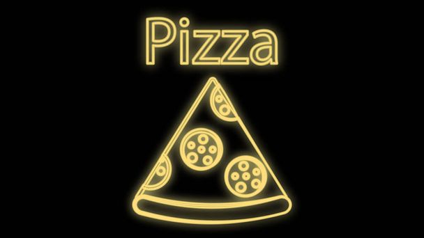 rebanada de pizza sobre un fondo negro, ilustración vectorial, neón. signo de neón en amarillo con la pizza de inscripción. decoración de restaurantes y cafeterías. decoración para catering - Vector, imagen