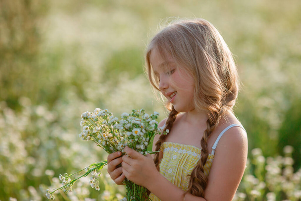 bonito menina recolhendo flores no campo - Foto, Imagem