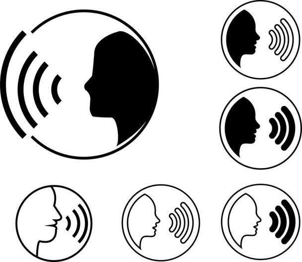 Ensemble de commande vocale Icône avec ondes sonores. Signez homme parlant. Symbole noir tête silhouette isolée sur fond blanc. Illustration vectorielle - Vecteur, image