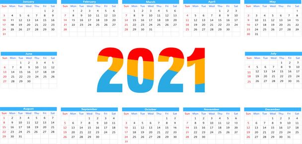Kalenteri malli 2021 vuotta valkoisella taustalla. Suunnittelijan päiväkirja minimalistiseen tyyliin. Yritys- ja liikekalenteri. 2021 kalenteri minimaalisessa taulukossa, Viikko alkaa sunnuntai Vektori kuvitus. - Vektori, kuva