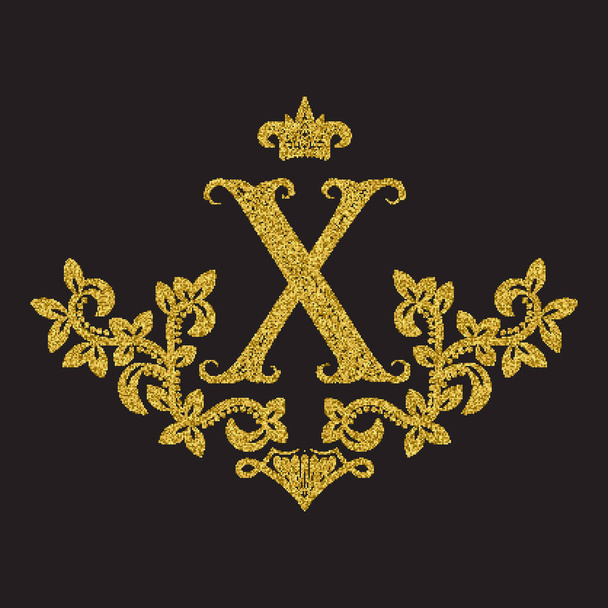 Golden glittering letter X monogram in vintage style. Heraldic coat of arms with halftone effect. Baroque logo template. - ベクター画像