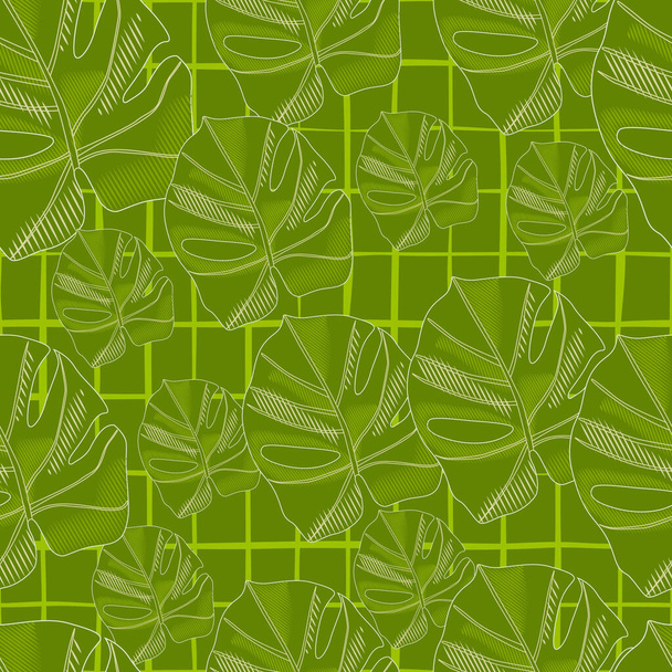 Botanisch naadloos patroon met abstracte monstera silouetten. Willekeurige groene print op een geruite achtergrond. Decoratieve achtergrond voor stof ontwerp, textiel print, verpakking, cover. Vectorillustratie - Vector, afbeelding
