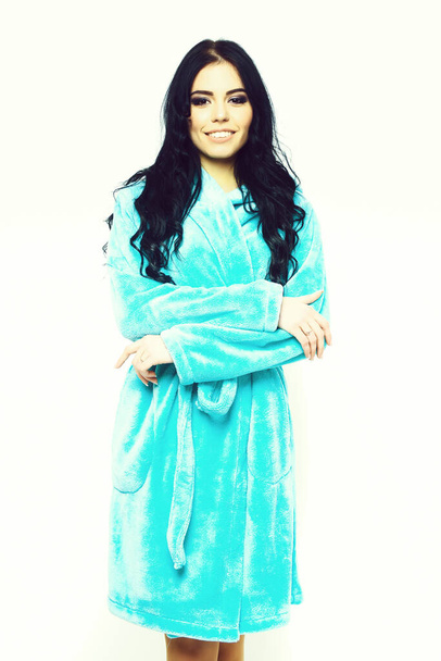 sexy smiling girl posing in turquoise velour bathrobe - Foto, Bild