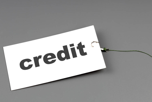 cartão branco com o crédito inscrição empalado em um gancho de pesca. imposição de empréstimos aos consumidores - Foto, Imagem