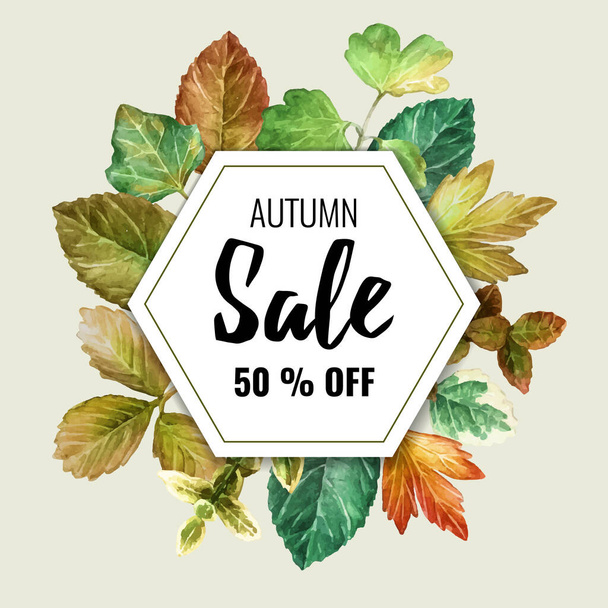 Autumn sale banners with colorful watercolor autumn leaves. Vector background. Layout for discount labels, flyers and shopping. - Vetor, Imagem