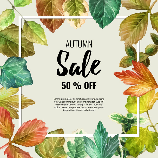 Herbstverkauf Banner mit bunten Aquarell Herbstblättern. Vektorhintergrund. Layout für Rabatt-Etiketten, Flyer und Shopping. - Vektor, Bild