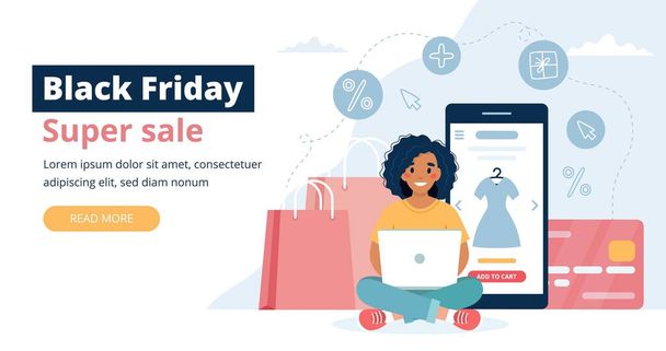 Black friday banner with woman holding a laptop. Vector illustration template - Vektor, kép