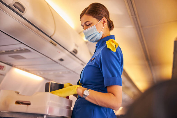 Air stewardess handing out food from a tray - Valokuva, kuva