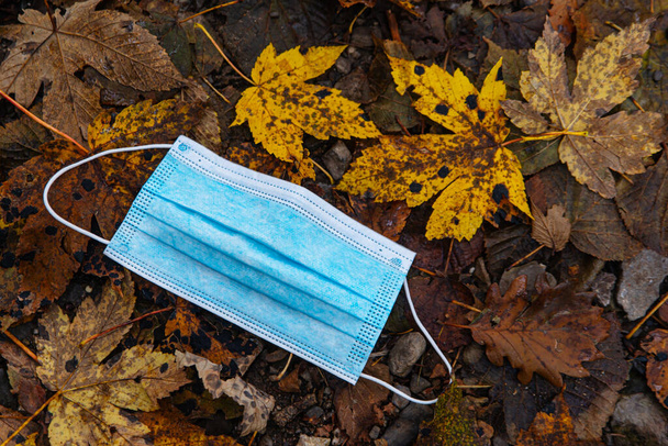 Синяя хирургическая маска, брошенная в окружающую среду - Фото, изображение
