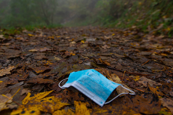 Blue surgical mask, thrown into the environment - Photo, Image