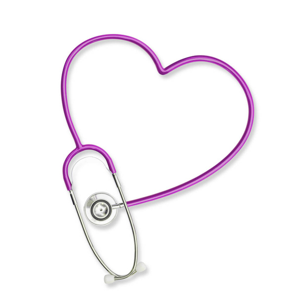 Izolovaný lékař stetoskop ve tvaru srdce levandule fialová barva na bílém pozadí s výstřižkem cesta - Fotografie, Obrázek