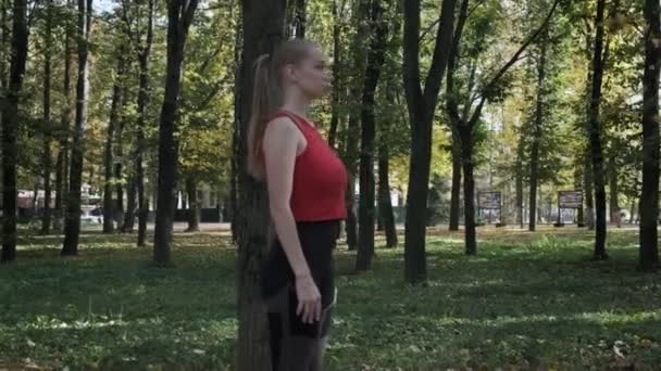corridore caucasico della ragazza di idoneità in abbigliamento sportivo che funziona al parco di autunno il giorno soleggiato - Filmati, video