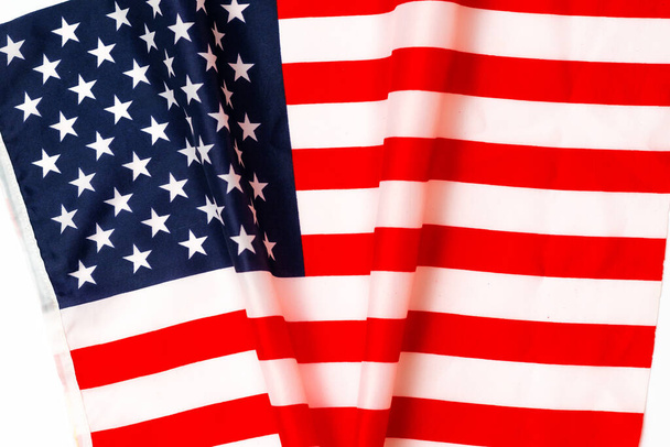 Top pohled americká vlajka a tvar nápis v nebo vítězství USA volební koncept. - Fotografie, Obrázek