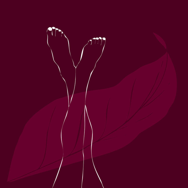 crossed raised up female legs with tropical palm leaf, vector outline illustration on dark background - Vector, Image