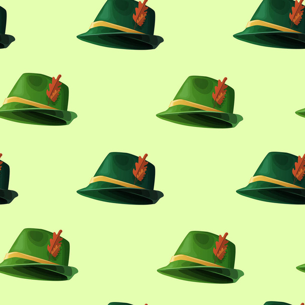 Jagen op retro hoeden naadloos patroon. Groene vintage hoofdtooi met rood blad en gele streep - Vector, afbeelding