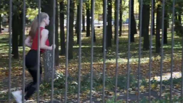 kaukasische Fitness-Läuferin in Sportbekleidung läuft an sonnigem Tag im Herbstpark - Filmmaterial, Video