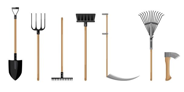 Set agricultural on white backdrop. Shovel, pitchfork, broom, axe, scythe,rake Flat style vector illustration - Vector, Image