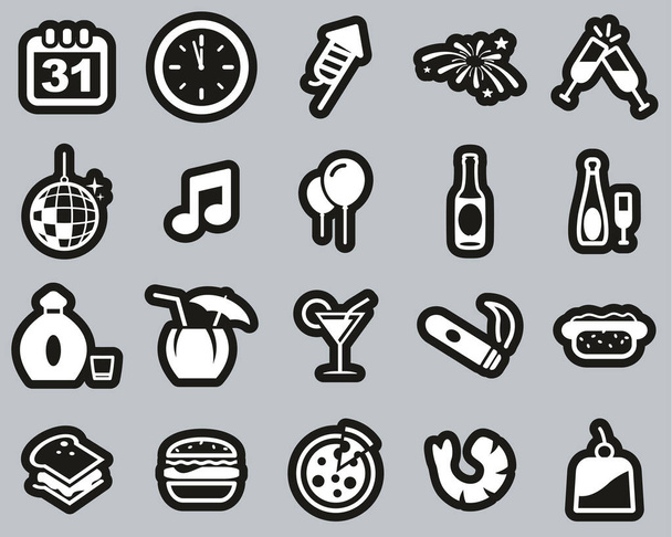 New Years Eve Or New Years Party Icons White On Black Sticker Set Big - Vektor, Bild