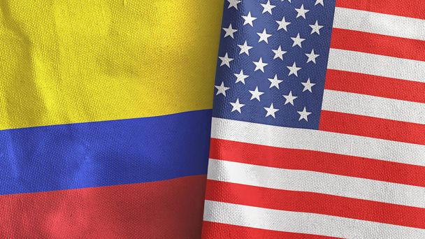 США і Колумбія два прапори текстильного одягу 3D рендеринга - Фото, зображення