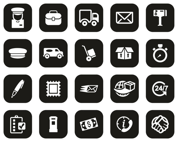 Mail Man Or Post Office Worker Icons White On Black Flat Design Set Big - Διάνυσμα, εικόνα