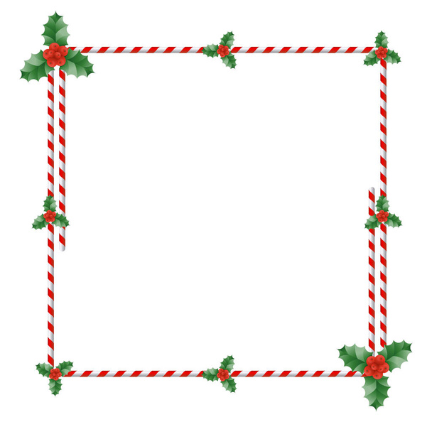  Holly Christmas border with green leaves and red berries. Christmas frame with holly. Vector illustration. - Vetor, Imagem