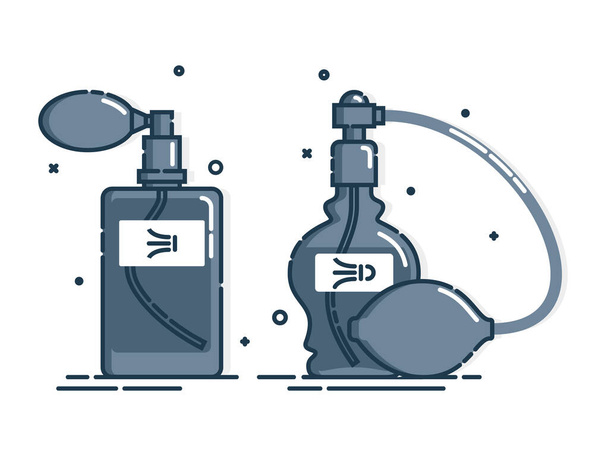 Δύο μπουκάλι άρωμα απομονωμένο εικονίδιο σε λευκό φόντο. Γυαλιστερό περιέκτη ή πλαστικό. Επίπεδη σχεδίαση. Σύστημα ψεκασμού. Γυναικεία επιχείρηση καλλυντικών. Γραφικό περίγραμμα αντικειμένου - Διάνυσμα, εικόνα