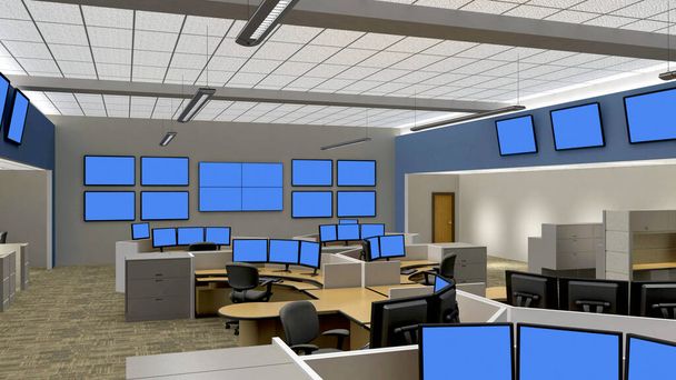 Χώρος γραφείου ή κέντρο λειτουργιών δικτύου 3d απόδοση με οθόνες μπλε οθόνης σε θαλάμους και τοίχους. - Φωτογραφία, εικόνα