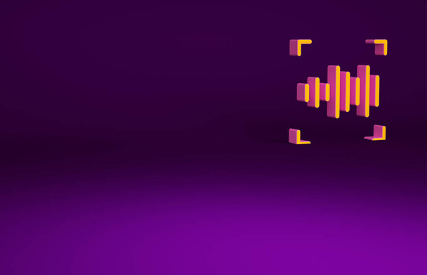 Icono de reconocimiento Orange Voice aislado sobre fondo púrpura. Autenticación de acceso biométrico por voz para el reconocimiento de identidad personal. Ciberseguridad. Concepto minimalista. 3D ilustración 3D render. - Foto, imagen