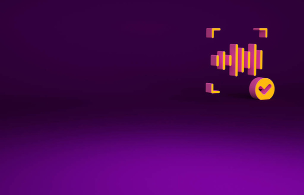 Icono de reconocimiento Orange Voice aislado sobre fondo púrpura. Autenticación de acceso biométrico por voz para el reconocimiento de identidad personal. Ciberseguridad. Concepto minimalista. 3D ilustración 3D render. - Foto, Imagen