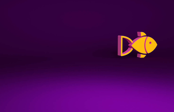紫色の背景に孤立したオレンジ色の魚アイコン。最小限の概念。3Dイラスト3Dレンダリング. - 写真・画像