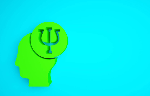 Zielona ikona psychologii odizolowana na niebieskim tle. Symbol PSI. Koncepcja zdrowia psychicznego, psychoanaliza i psychoterapia. Koncepcja minimalizmu. Ilustracja 3D 3D renderowania. - Zdjęcie, obraz