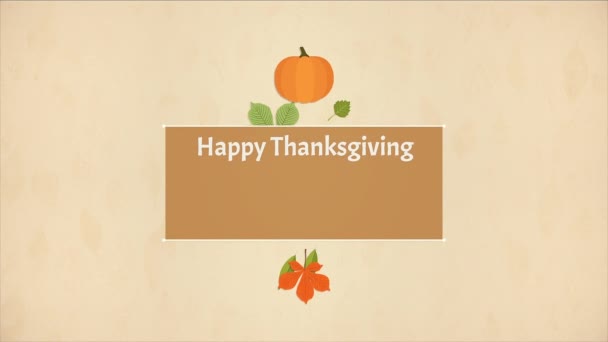 Happy Thanksgiving Day Typographic Animated Design template. Background with hanging maple Leaves and pumpkin. Happy Thanksgiving banner - Footage, Video